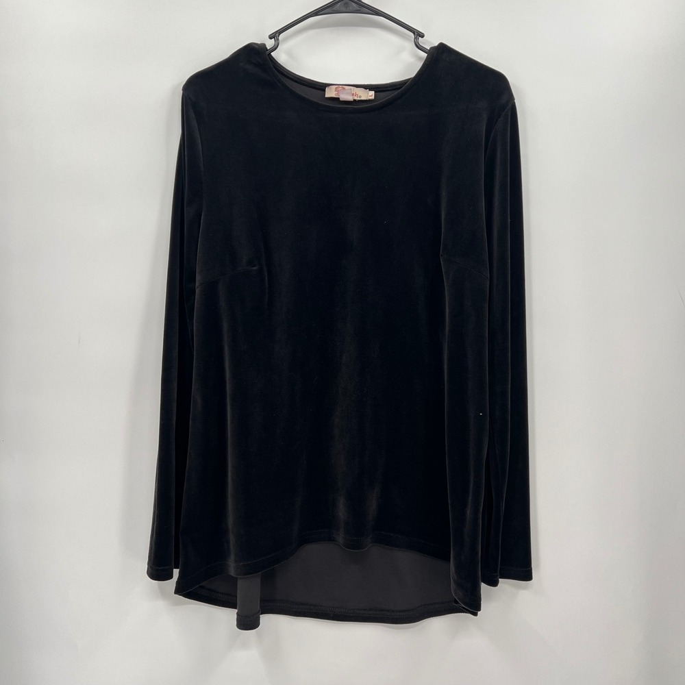 Aryeh Large Velvet Long Sleeve Top‎ Womens Black High Low Crew Neck Blouse